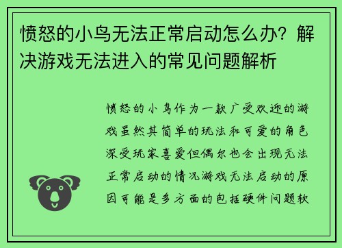 愤怒的小鸟无法正常启动怎么办？解决游戏无法进入的常见问题解析
